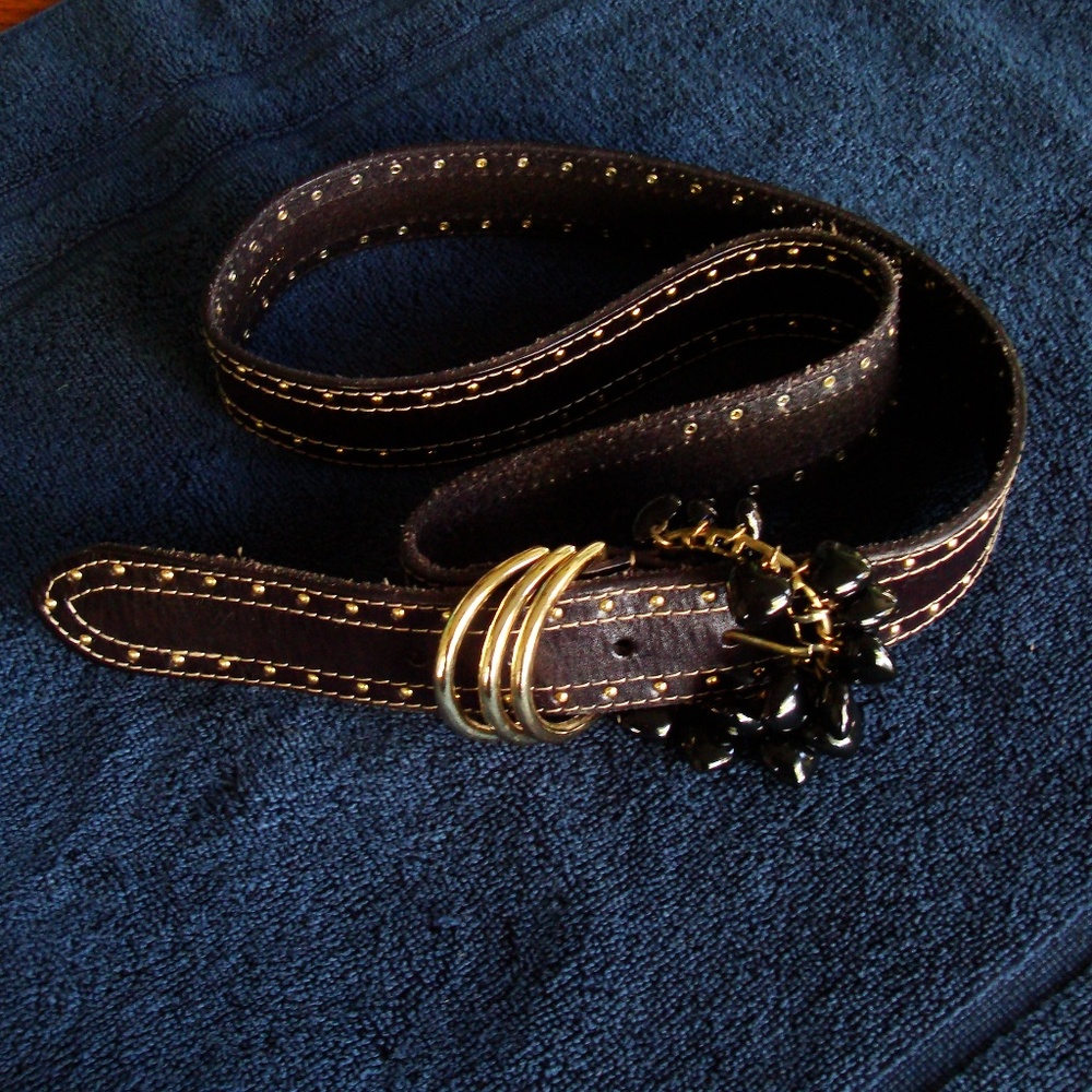 Betsey Johnson Studded Beaded Black Leather Belt